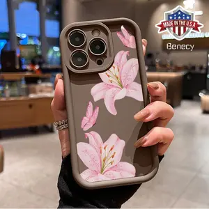 Chic Lily Charm Pattern TPU Phone Case for iPhone 16 15 14 Pro Max 13 12 11 XR XS Plus Shockproof Drop Protection Rugged Durable Silicone Cover Cellphone Protective Protector Smartphone Casing Black
