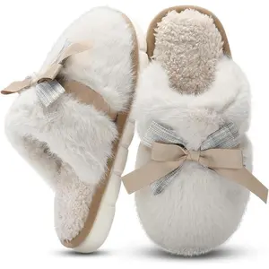 Cute Women's Memory  House Slippers - Fuzzy Plush Faux  Slippers with Bow Butterfly Tie - Anti-Skid Indoor/Outdoor Gifts for Women, Moms & Ladies
