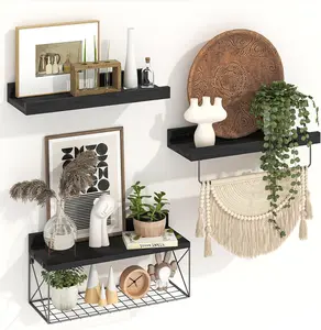 4 in 1 Floating Shelves with Storage Basket and Towel Bar, Bathroom Shelves Over Toilet, Wall Mounted Rustic Wood Shelves for Home Decor (5-Pack) Decoration Decorative