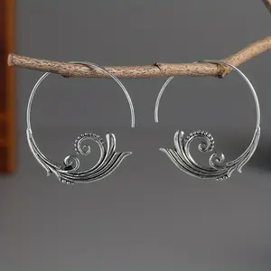 Antique Silver Statement Hoop Earrings with Intricate Scroll Design for Boho Earring Stacks, Non Tarnish Funky Unique Accessories for Women