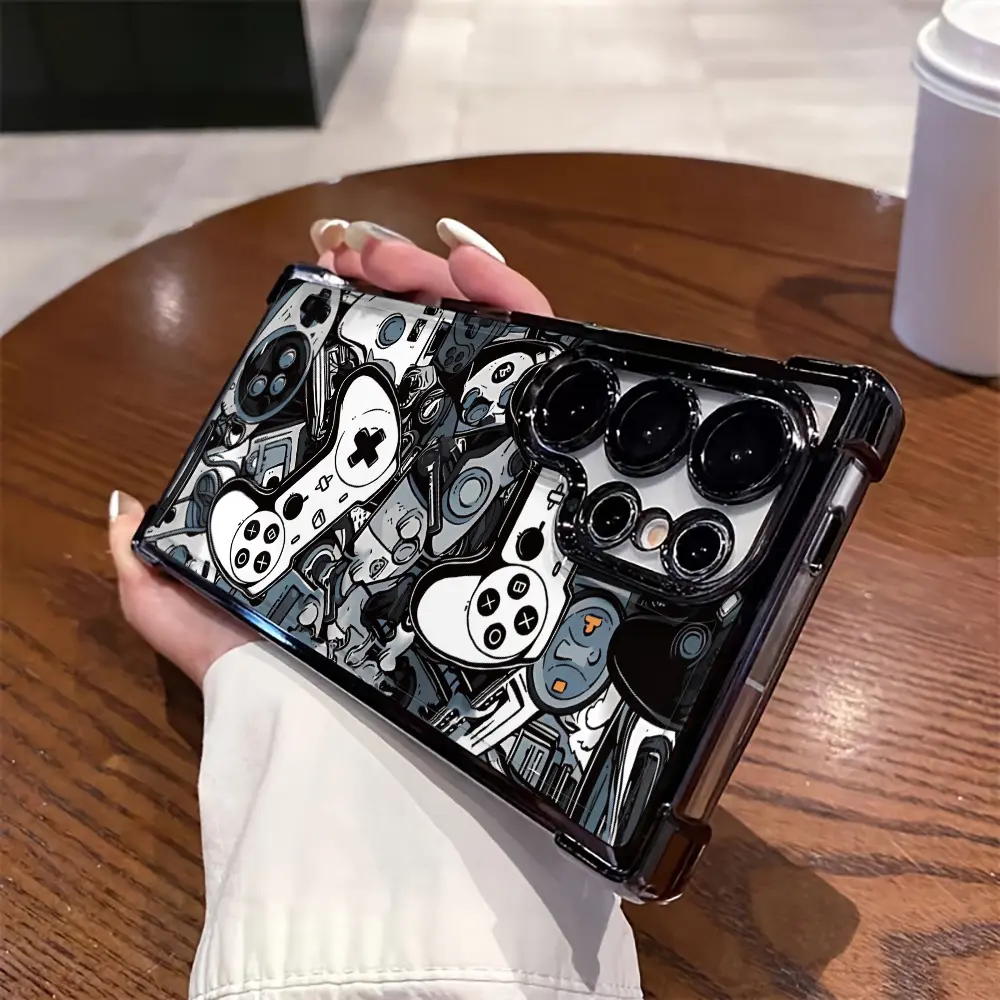 Black and White Game Console Pattern, Compatible with Samsung Phone Cases S25/ S24/S24 Plus/S24 Ultra/S24 FE/S23 Ultra Series - Fashionable Creative Design New Phone Case Cellphone Protection Cover Protective Protector Smartphone