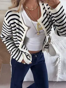 Women's Casual Striped Knit Cardigan, Round Neck Long Sleeve Button Front Sweater Coat, Fall Winter Fashion Outerwear Knitwear