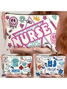 1pc Nurse-Themed Makeup Bag - Symbols & Nursing Essentials Design, Durable Fabric Compact Travel Cosmetic Pouch, Perfect Gift for Nurses, Nursing Students, Nurse's Day, Graduation, Christmas, Nurse Accessories for Work