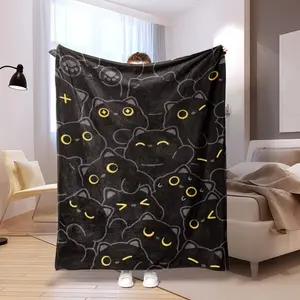 Black Cat Pattern Flannel Blanket – Soft Cute Machine Washable Throw, Anti-Fouling, Needle-Woven, Lightweight Warm Blanket for Bed, Sofa, Office, Travel, Perfect Gift for Cat Lovers