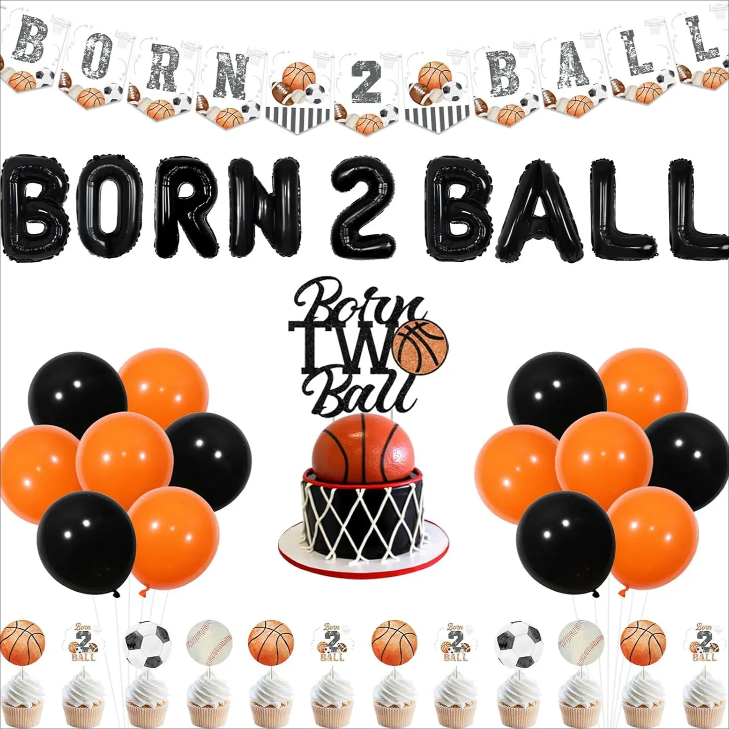 1 Set Sports Birthday Party Decorations Born 2 Ball Balloon Banner Sports Theme Birthday Party Decors with Basketball Happy Birthday Banner Cake Topper Football Rugby Soccer Party.