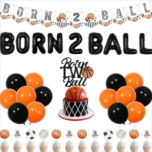 1 Set Sports Birthday Party Decorations Born 2 Ball Balloon Banner Sports Theme Birthday Party Decors with Basketball Happy Birthday Banner Cake Topper Football Rugby Soccer Party.