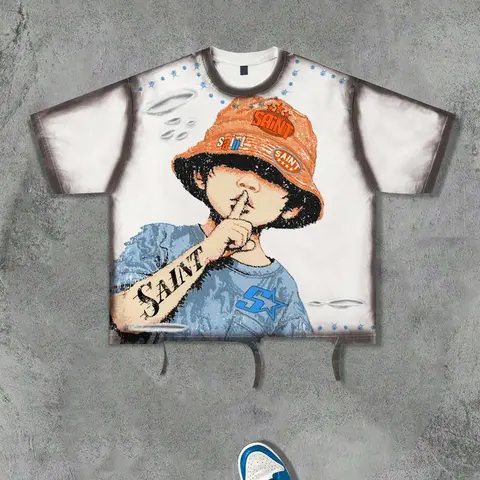 Men's Fashion Casual Vintage Cartoon Fisherman Hat Print Saint Letter Trendy Street Cut Hole Design Short Sleeve Round Neck Fitted Streetwear Menswear T-Shirt Tops Casual Graphic Tee