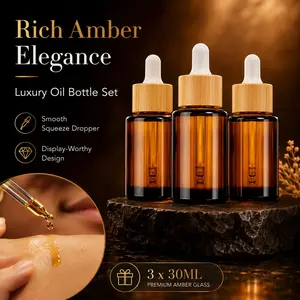 Refillable Amber Glass Dropper Bottles 3 Pack, Elegant Skincare Storage for Face Oil, Serum, Fragrance Blends, Travel Friendly