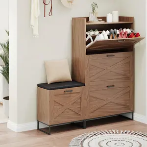 Farmhouse Shoe Storage Bench with 4 Flip Drawers & Upholstered Cushioned Seat, Dual-Layer Hidden Storage, Sturdy Metal Legs, Space-Saving Easy Assembly Entryway Cabinet, Walnut Finish