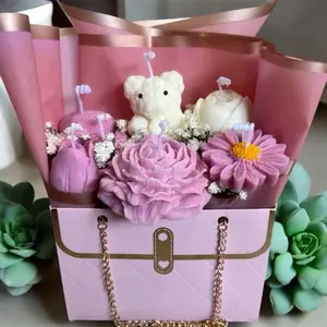 Candle Flower Bag - Decorative Floral Arrangement with Pink and White Flowers in Gift Box - Elegant Wax Bouquet for Special Occasions