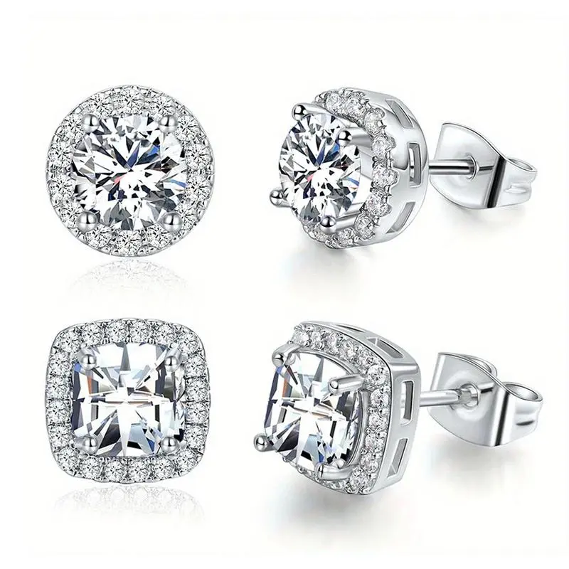 Unisex 4-Piece Moissanite Stud Earrings Set – 1CT Round & Square Cut, Diamond-Cut Fire, Hypoallergenic Silver-Plated, Full Cubic Zirconia Halo, 8mm Everyday Luxury for Couples or Mismatched Style, Studs Earrings, Moissanite Gemstone Earrings
