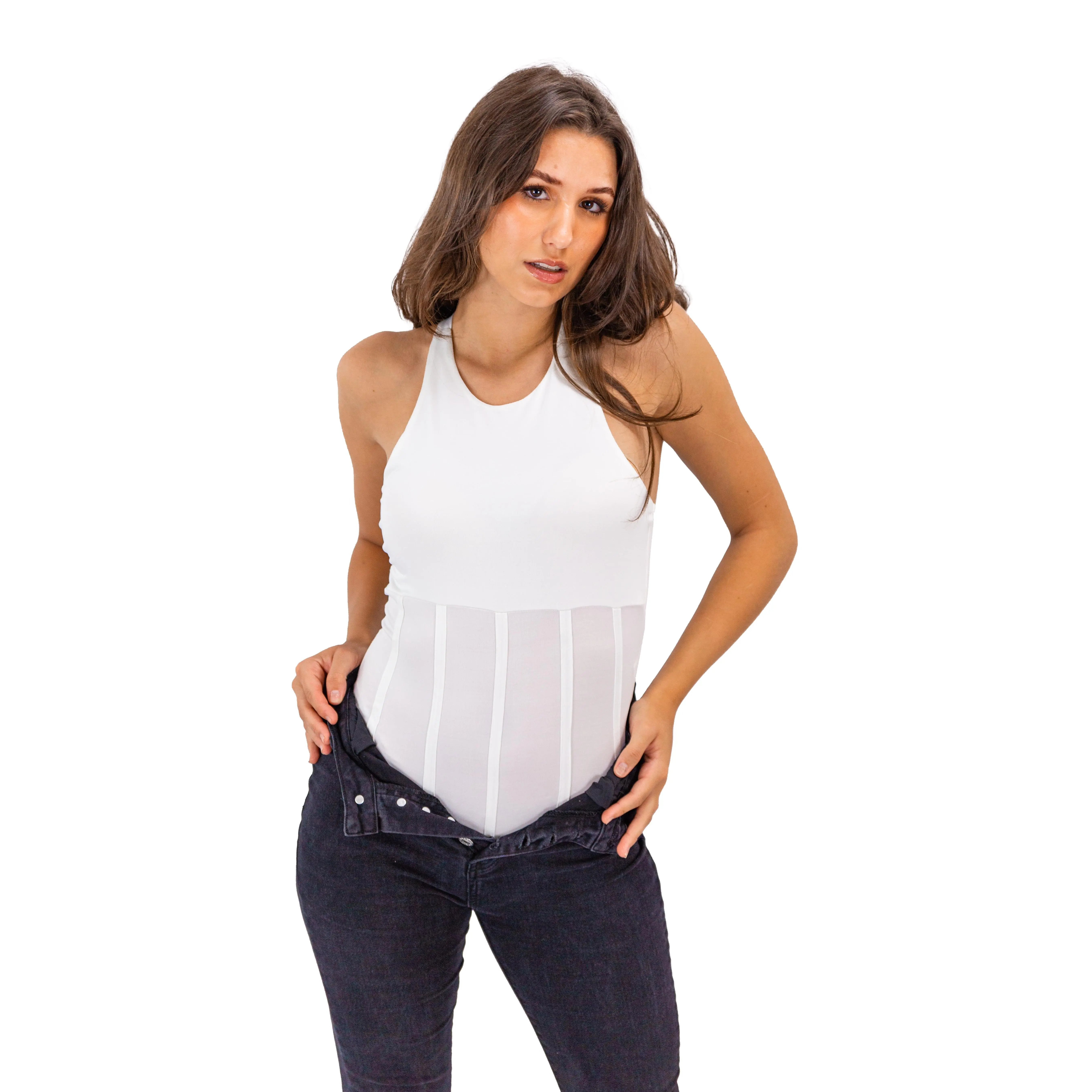 High Neck White Corset Tank Bodysuit