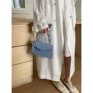 Women's 2026 Minimalist Blue Woven Small Square Handbag - PU Purse with Retro Elegant Braided Handle, Crossbody Shoulder Bag for Shopping, Daily Use, Ideal Gift for Her