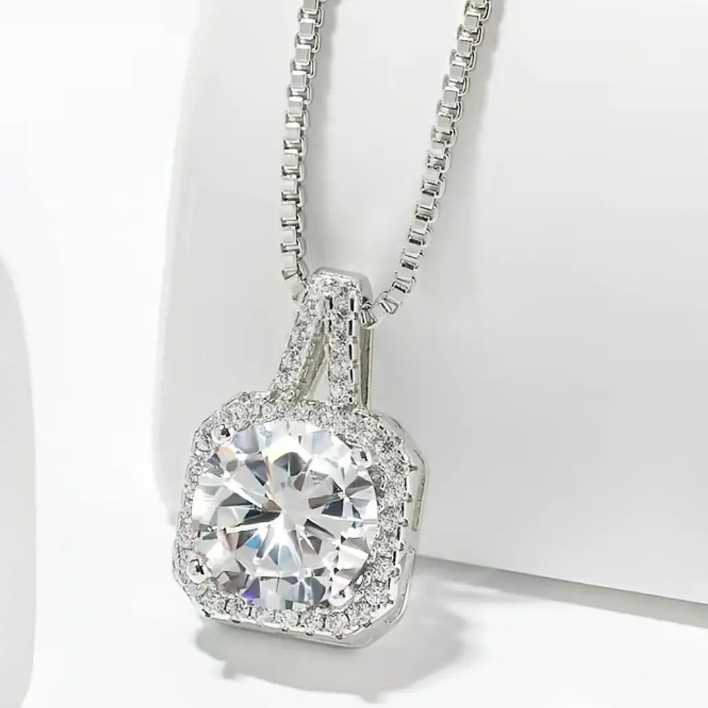 CELIKY US  Dainty Square Halo Pendant Necklace for Women with 6.5mm Cubic Zirconia Stone, 16-inch Alloy Box Chain, Lightweight Jewelry Gift for Anniversary, Halo Effect, Birthday, 16-Inch Chain, 6.5Mm Stone, Unisex, Daily, Elegant, Meaningful Gifts, Chain