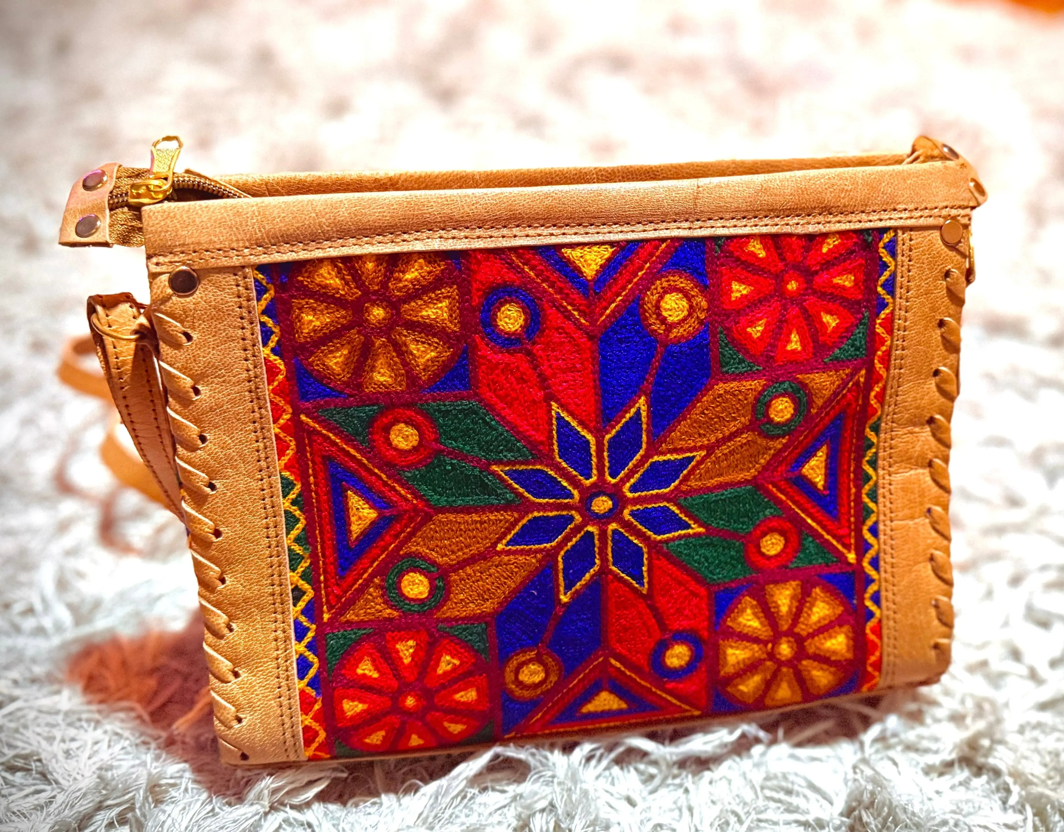 Folk Women's Crossbody & Shoulder Bag - Handmade Leather Craft with Vibrant Geometric Embroidery, Elegant Afghan-Style Purse with a Sturdy Strap, Handmade Craft, Pure Leather, Folk Women's Crossbody & Shoulder Bags
