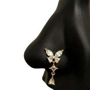 XL Dangle Diamond Butterfly Nose Stud in Surgical Steel 20 Gauge L-Shape 7mm x 4mm Hypoallergenic with Case and Pouch