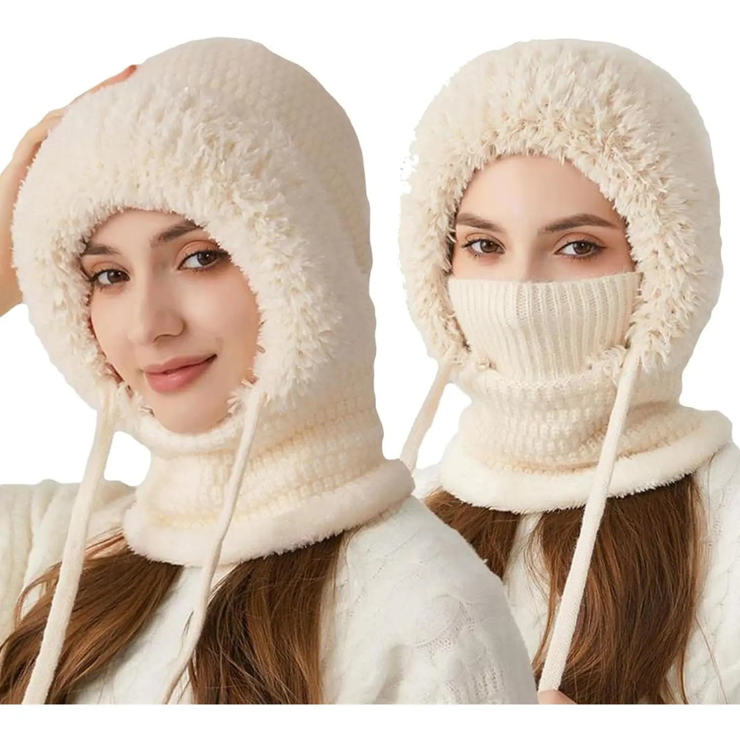 Women's 3-in-1 Modular Polyester Balaclava - Cute Bear Ear Plush Fleece Adjustable Hooded Scarf, Windproof for Outdoor Activities