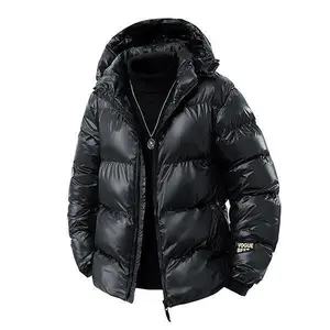 Men's Spring Autumn Winter Black Shiny Hooded Down Jacket Zipper Warm Coat