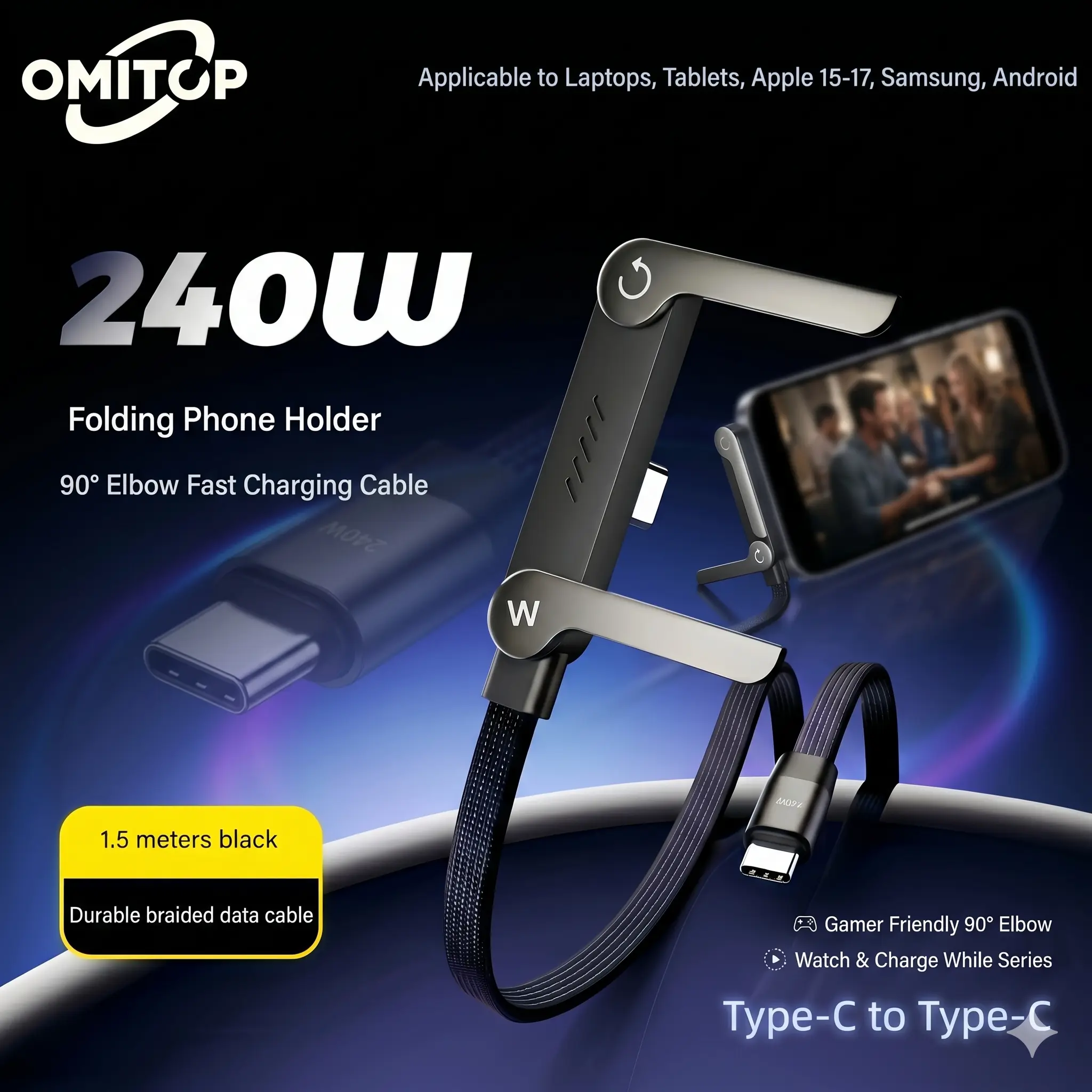 OMITOP 240W 1.5M Invisible Stand Fast Charging Cable, 240W USB C to USB C Flat Cable 90 Degree Angled, Sideways Phone Type C Charger Cord (4.9FT) Compatible with iPhone 15 16 17 Series ,Samsung S26 S25