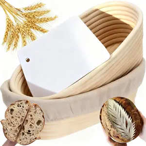 2 Sets Bread Fermentation Baskets Set, 10 Inch Oval Dough Bowl, for Dough Fermentation, Proofing, and Baking, Includes Dough Scraper Pad
