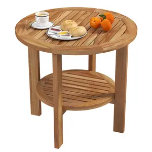 COSTWAY - Outdoor Teak Wood Round Side Table Patio End Table with Slatted Storage Shelf