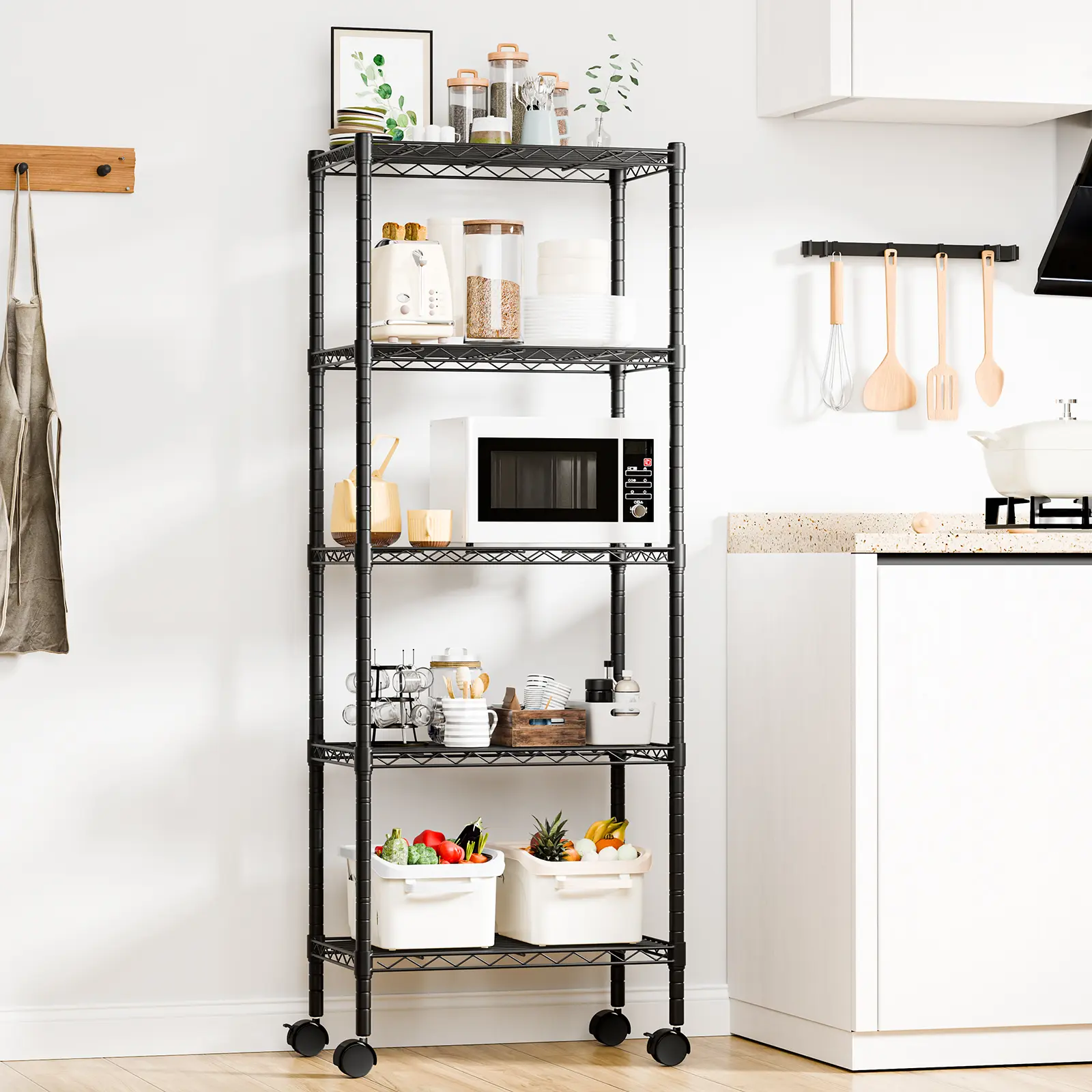 Sweetcrispy Store Durable Steel Rectangle Wire Shelving Unit (3-Layer/4-Tier/5-Tier) with Removable Wheel Casters, No-Tools Easy Assembly Rack for Garage, Kitchen Organiser Shelf Storage