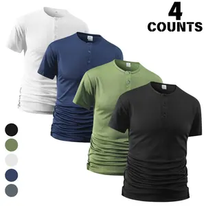 Men’s 4-Pack Henley-Collar T-Shirts with Button Front, Casual Sports Tops