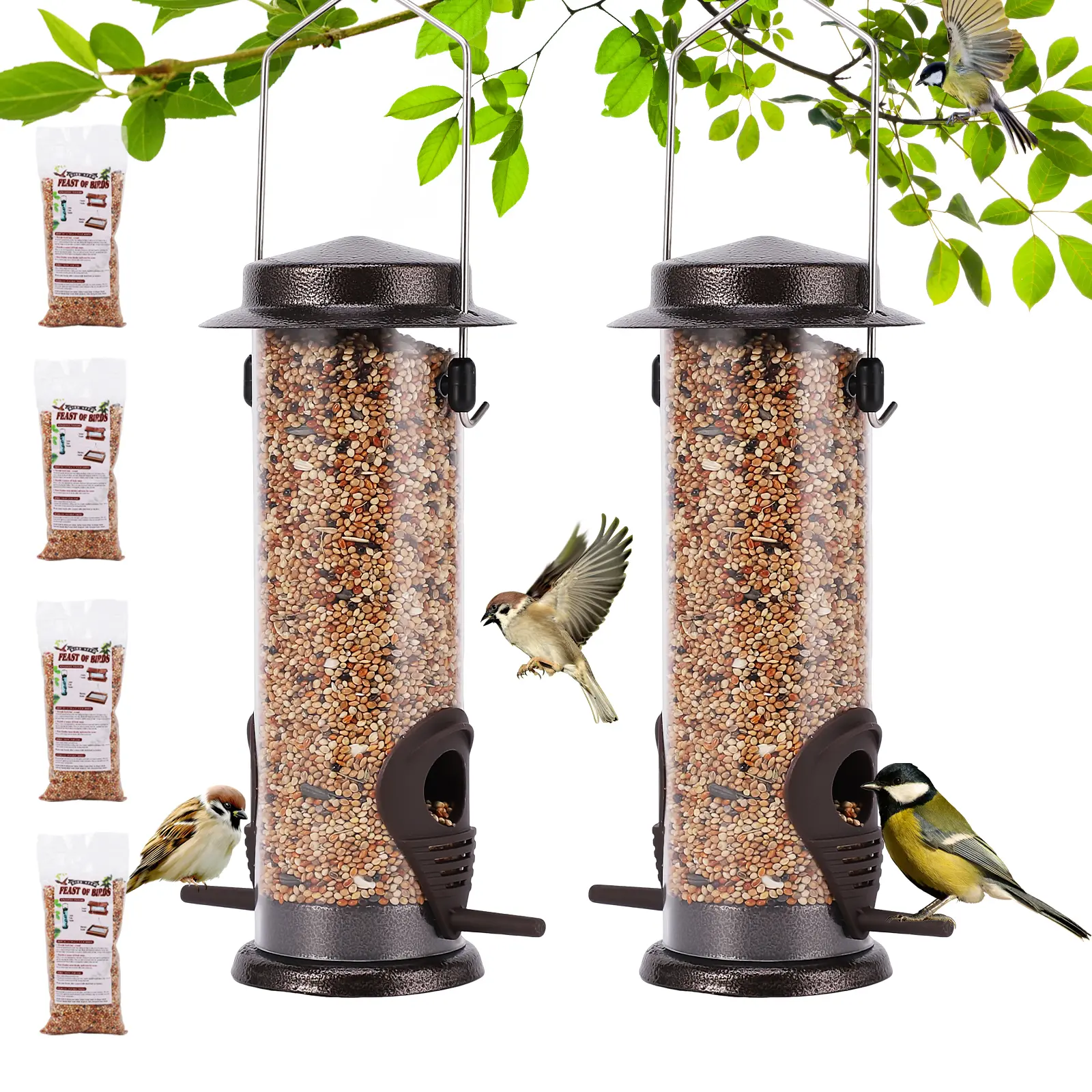 Hanging Bird Feeders 2-Pack, Sturdy Metal Outdoor Squirrel-Proof Feeding Tool with 4 Bags of Premium Mixed Seeds (Oats, Millet, Buckwheat, Sunflower, Wheat) – Durable Pet Bird Supply Gift, Bird Feeder Hanger, Outdoor Feeding