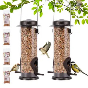 Sturdy Metal Bird Feeders 2 Pack for Outdoor Hanging with 4 Bags of High-Quality Seed Mix Oat Millet Buckwheat Oil Sunflower Wheat Durable Gift Resistant to Squirrels