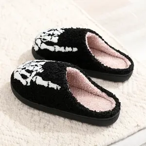 Black and white skull finger bone punk style plush slip-on slippers, suitable for men and women, comfortable to wear indoors/outdoors in all seasons Halloween gift Shoe Girl
