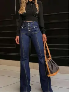 High Waist Patchwork Bell Bottom Jeans, Multi Button Fly Vintage Stretchy Wide Leg Denim Pants, Women's Denim Jeans & Clothing