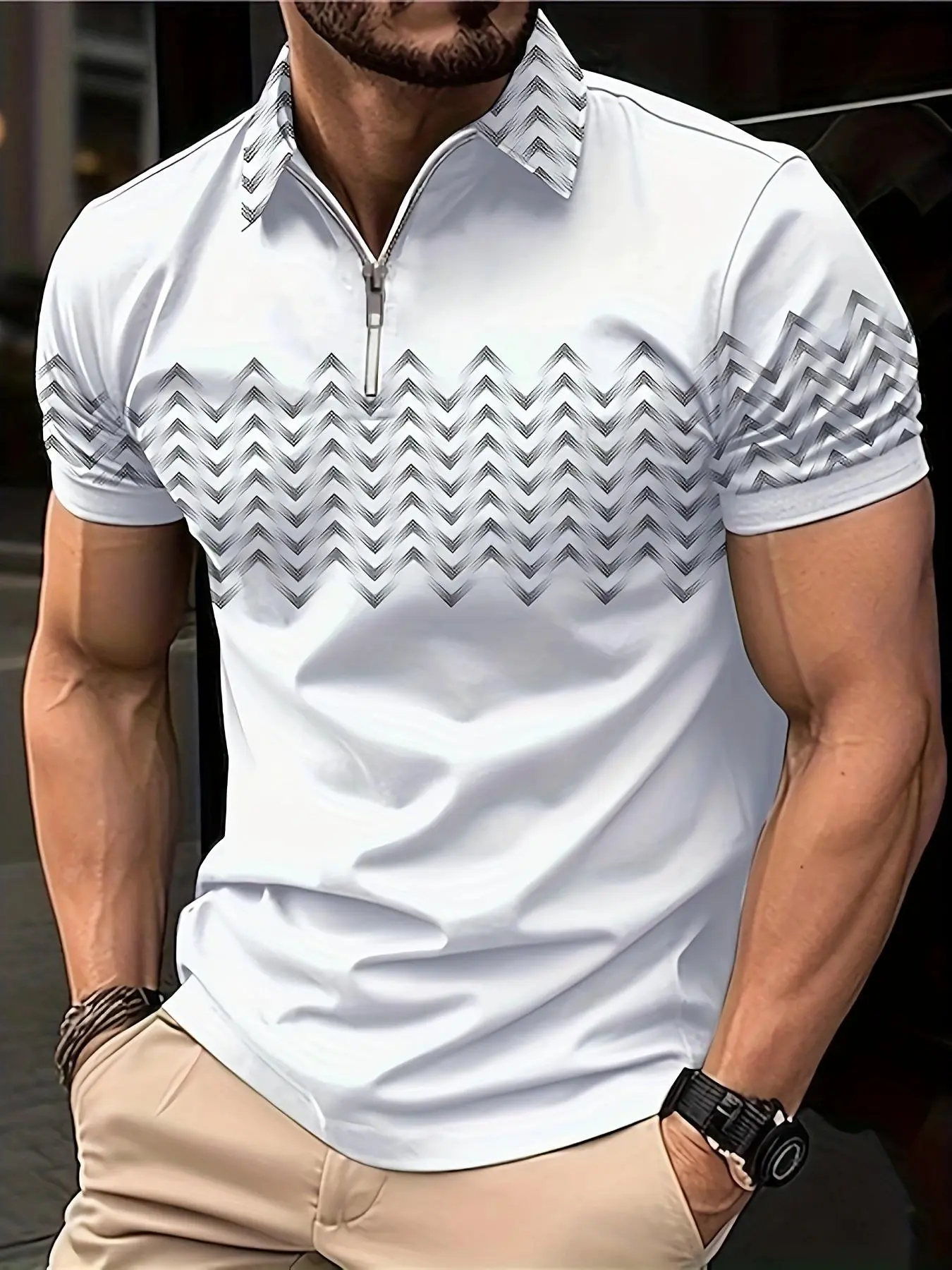 Men's Regular Fit Chevron Print Breathable Summer Polo Shirt, Casual Short Sleeve Half Zip Up Collared Top for Summer, Fashion Men's Clothes for Daily Wear