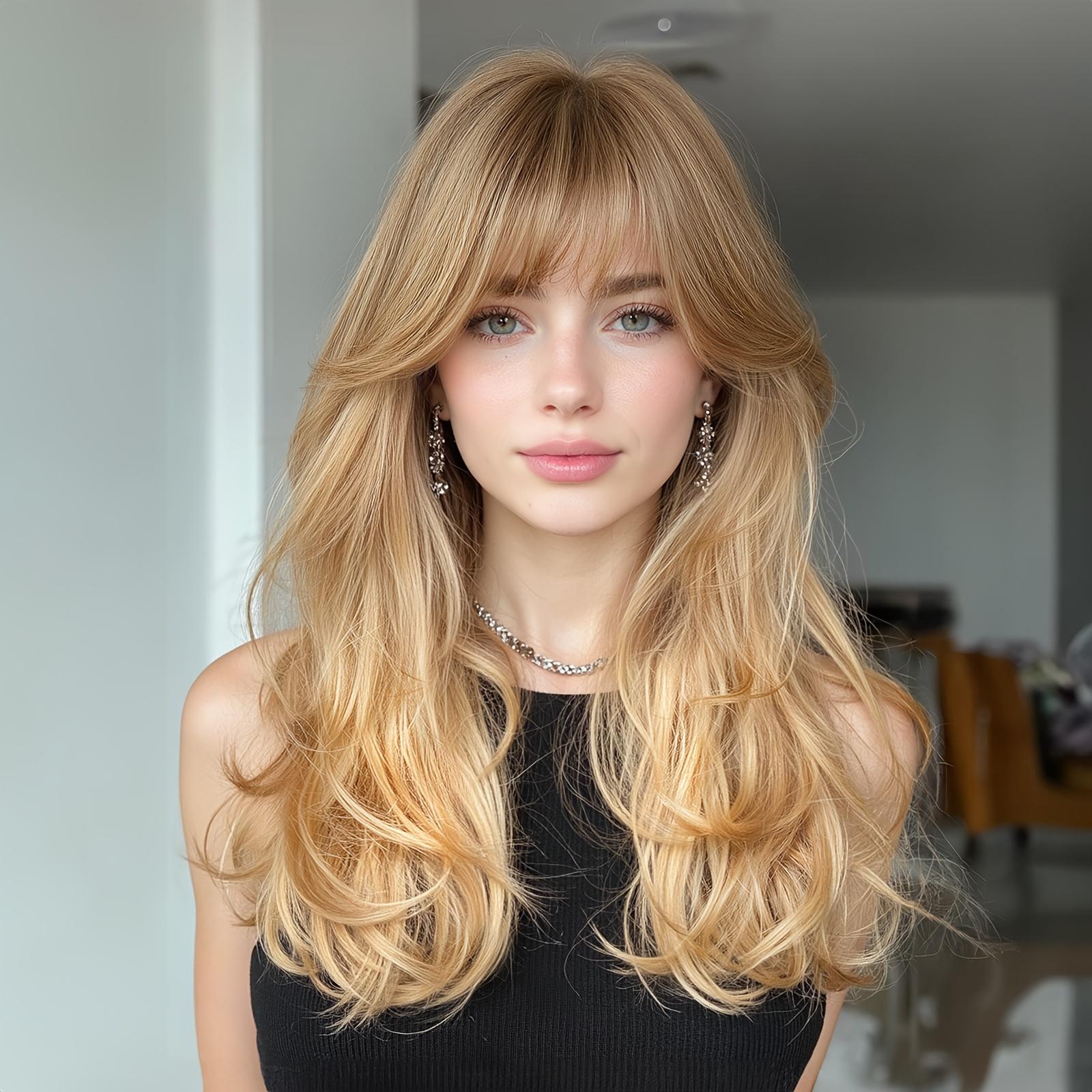 22-inch Mixed-color Wavy Straight Bangs Curly Synthetic Fiber Machine-made Rose Net Wig, Suitable for Fashionable Women for Daily Life, Dates, Various Parties, Music Festivals, Halloween Costumes, Stage Performances, and Props