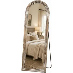 63"x21" Arched Solid Wood Full Length Floor Mirror, Whitewashed Rustic Farmhouse Body Mirror with Stand, Triple-Layer Frame for Bedroom & Entryway
