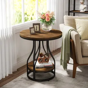 LITTLE TREE Round Side End Table 2-Tier End Tables Modern Bedside Table Small Chirside Tables with Storage for Couch Side, Nightstand with Metal Frame for Living Room