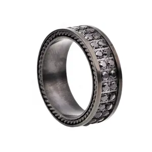 Mens 8mm Black Stainless Steel Two Row Black Cubic Zirconia Eternity Band Ring