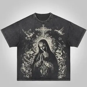 Virgin Mary Printed Washed Vintage Dyed 100% Cotton Men'S T-Shirt Round Neck Short Sleeve Street Wear Batik Style Can Be Used As a Gift Streetwear Casual Crewneck