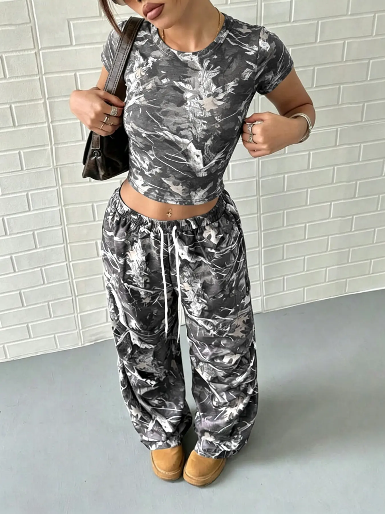 Y2K Camo Two-Piece Set, Short Fitted Crew Neck T-Shirt & Adjustable Drawstring Waist Wide Leg Pants, Casual Streetwear, Daily Wear, Everyday, Trendy, Womenswear