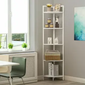 CAPHAUS Corner Bookshelf, 5 Tier Corner Shelf, 59.1-Inch Tall Corner Stand with Metal Frame, Industrial Round Corner Shelf Stand, Versatile Display Shelving Unit for Home Office Space, Black/Dark Grey/Rustic Oak/White