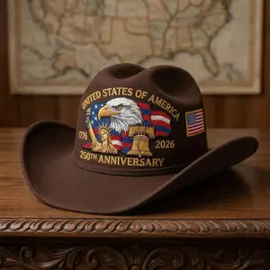 250th Anniversary Embroidered Cowboy Hat, Patriotic Western Felt Hat with Eagle Flag Liberty Bell Design, Classic Cowboy Cowgirl Hat for Parade Party