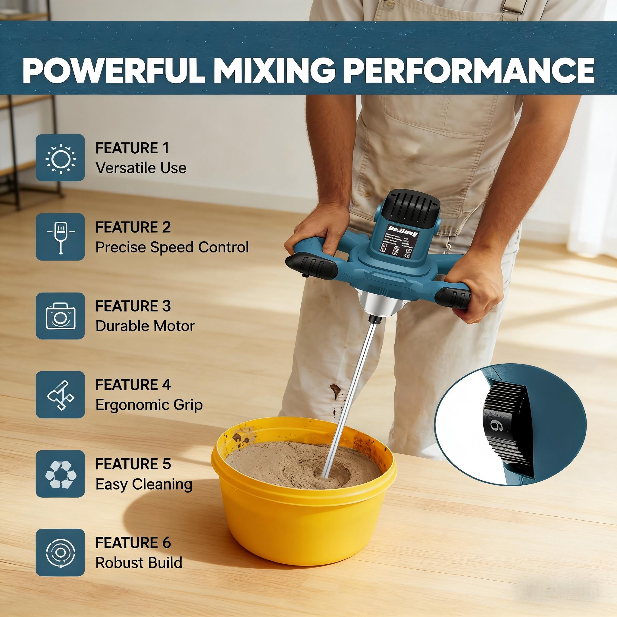 Handheld Electric Mixer, 6 Speed Settings, Paint/Plaster/Cement Concrete Mixing Device, Home Renovation Model, Meets Quality Standards