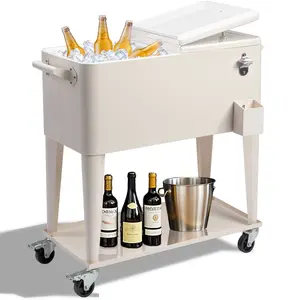80 Quart Rolling Cooler Cart for Outdoor Patio, Insulated Ice Chest on Wheels with Bottom Shelf, 48-Hour Cold Beverage Cooler with Bottle Opener & Drain Plug for Party BBQ, Milk White