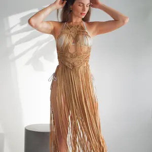 Gold Handmade macrame halter dress with open back. Intricate fringe gold layering dress or beach cover up