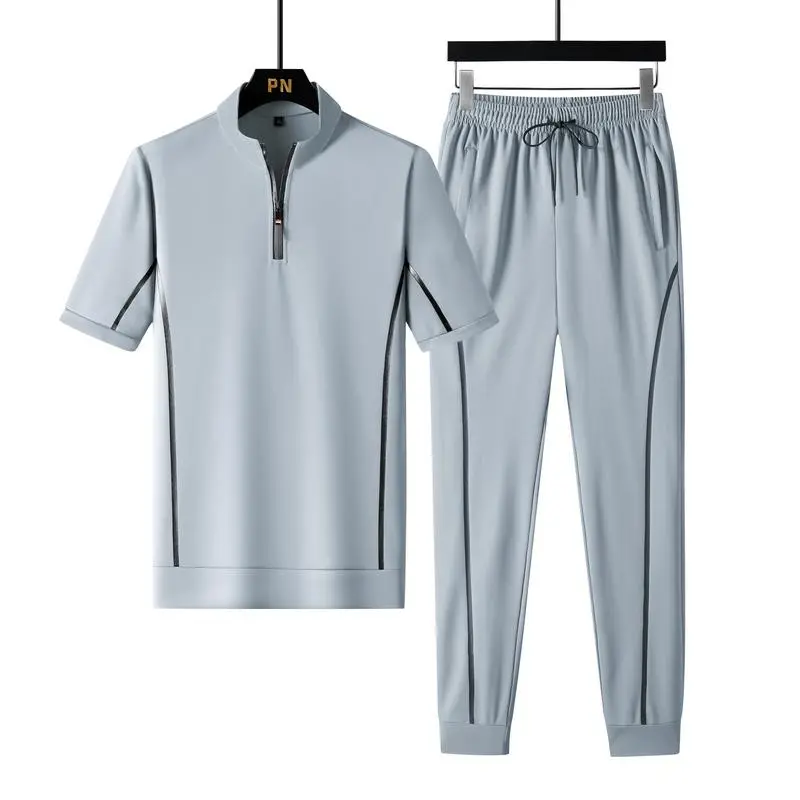 Men's Tracksuit Set, 2-Piece Athletic Outfit with a Contrast Binding Short Sleeve Half-Zip Top and Casual Polyester Blend Joggers, Jogger Pants, Elastane, Solid Plain, Complements Top, T-Shirts, Basics, Drawstring, Fitted