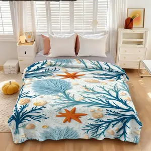 Fresh Oceanic Coral Starfish Print Flannel Blanket, Soft and Comfortable, Ideal for Sofa Bed Camping, Multiple Occasions