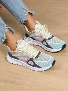 Women's Colorblock Patchwork Lace Up Low Top Sneakers, Casual Breathable Comfortable Sports Athletic Shoes, All-match Round Toe Chunky Sneakers for Daily Wear, Lightweight Athletic Sneakers