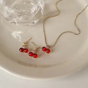 Sweet Red Cherry Pendant Necklace Dangle Stud Earrings Jewelry Set Shiny Gold Chain Zircon Women Trendy Jewelry