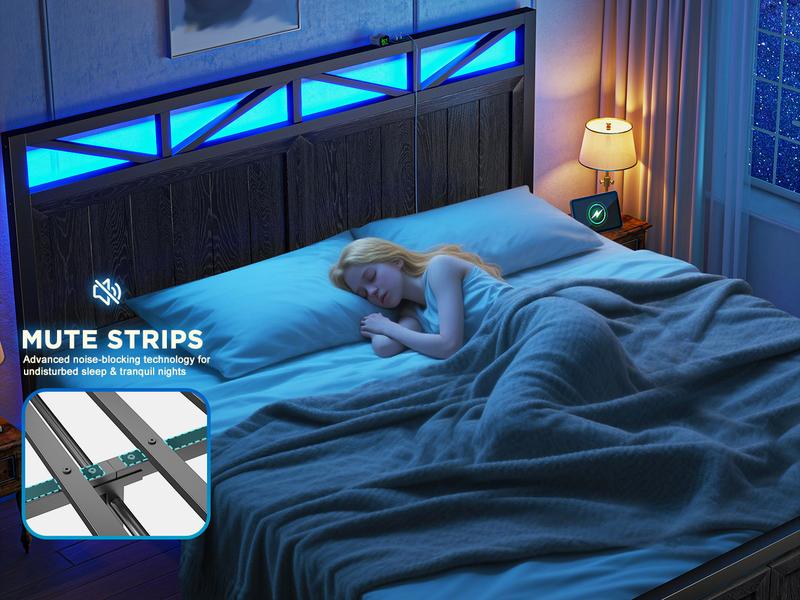 Raybee LED Bed Frame with Charging Station & 2 Drawers, No Mattress, Farm Style Full Queen King Size Bedframe with Headboard & 2 Wooden Drawers, Noise Free, Holds 900lbs, No Box Spring Needed