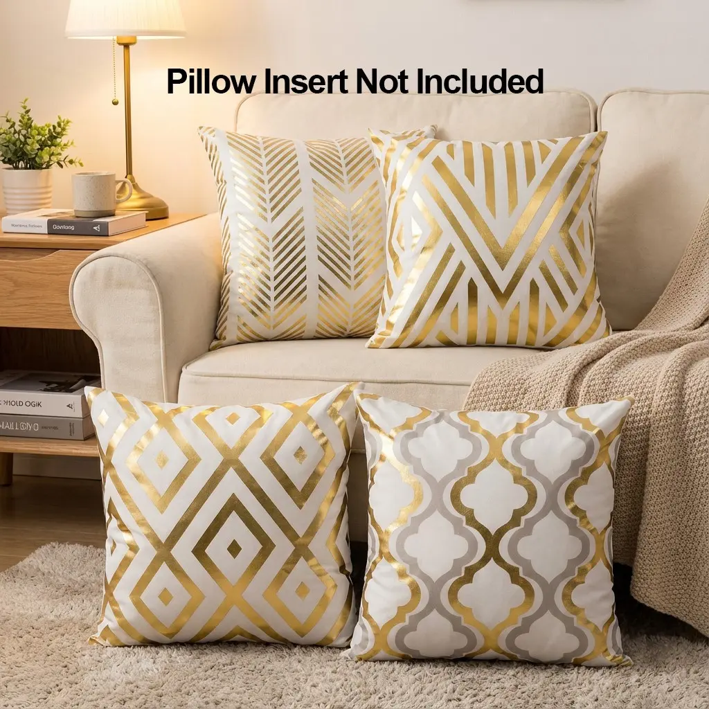 4pcs Boho Style Geometric Patterns, Gold Foil Accents Throw Pillow Covers, Golden Foil Geometric Cushion Case, Decorative Pillow Cover For Farmhouse Living Room Bedroom Couch Sofa, Home Decor Party Decor Single-Sided Printed No Pillow Insert 18x18 Inch