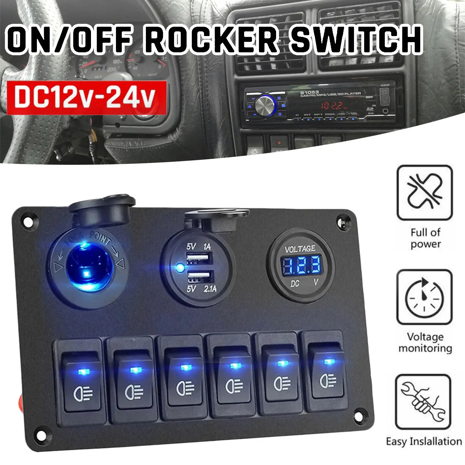 12V 6 Gang Rocker Switch Panel Blue LED Waterproof Breakers for Car, Marine, Boat, RV & Truck 12V 6 Gang Rocker Switch Panel Blue LED Waterproof Breakers for Car, Marine, Boat, RV & Truck